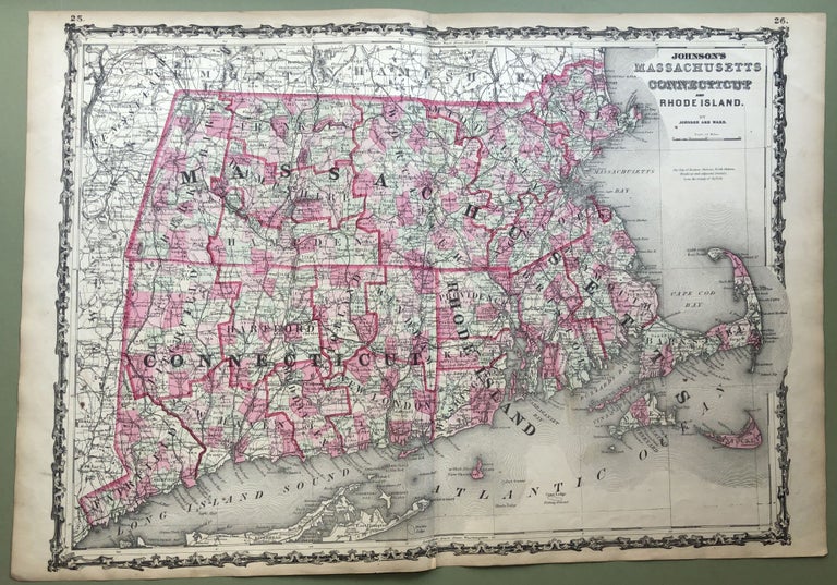 Item #H8507 1864 Johnson's Atlas map: MASSACHUSETTS, CT & RI, 26 X 18. Johnson.