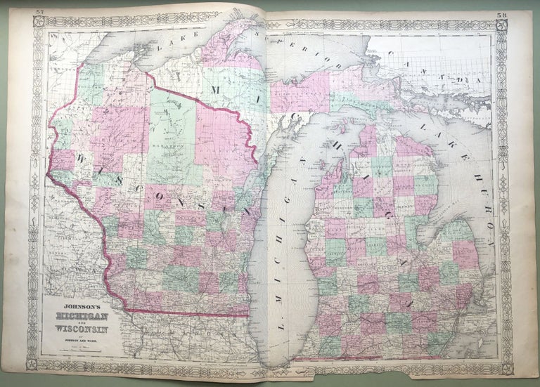 Item #H8518 1864 Johnson's map: MICHIGAN & WISCONSIN, 26 X 18. Johnson.