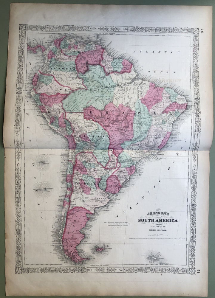 Item #H8525 1864 Johnson's map: SOUTH AMERICA, 26 X 18. Johnson.