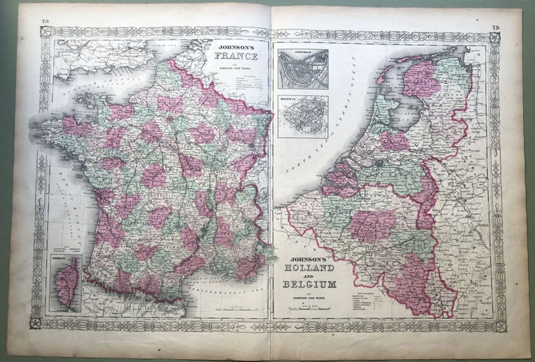 Item #H8528 1864 Johnson's map: FRANCE, HOLLAND & BELGIUM, 26 X 18. Johnson.