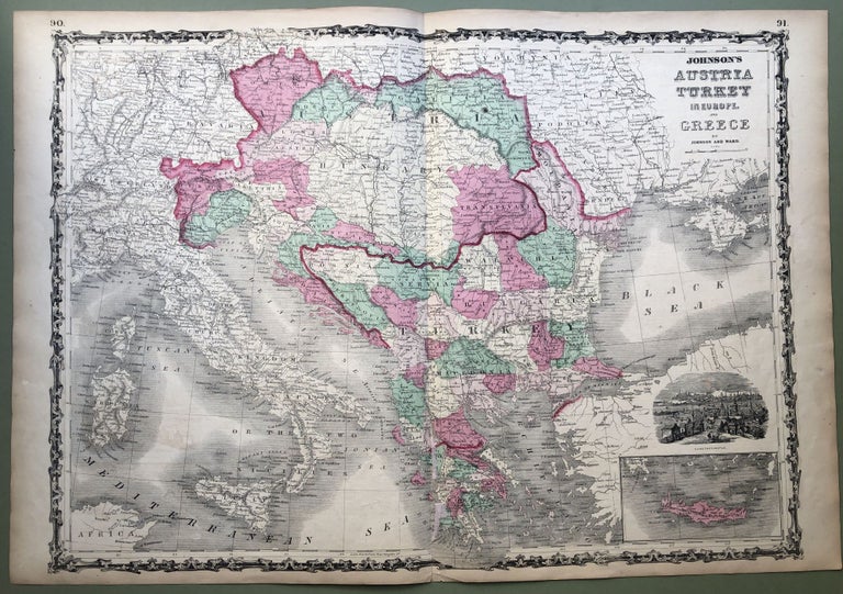 Item #H8535 1864 Johnson's map: AUSTRIA, TURKEY, GREECE, 26 X 18. Johnson.