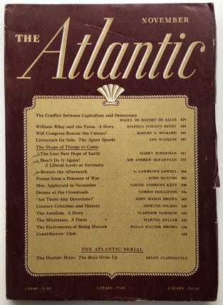 Item #H8604 The Atlantic Monthly magazine, November 1941. Vladimir Nabokov, Stephen Vincent...