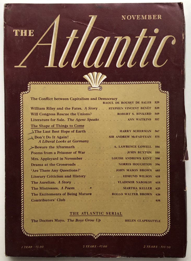 Item #H8604 The Atlantic Monthly magazine, November 1941. Vladimir Nabokov, Stephen Vincent Benet, Edmund Wilson.