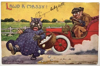 6 humorous postcards, including a racist one by Wall and a sexist one by Wellman, 1909-1914