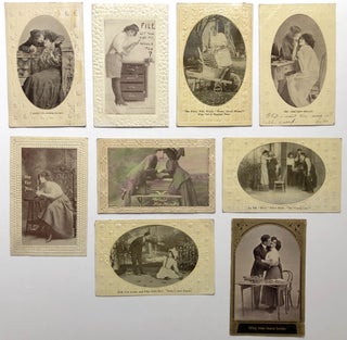Item #H8627 8 jokey romantic postcards with embossed borders, 1910