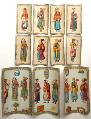 Item #H8635 1860s English imitation pith painting cards of Japanese performers & tradespeople