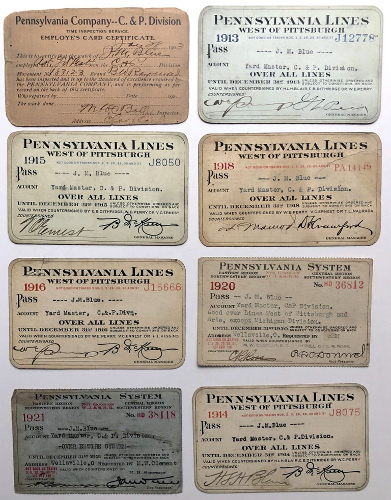 Item #H8740 8 employee pass card certificates for PA RR Yard Master C. & P. Division, J. M. Blue, 1903, 1913, 1914, 1915, 1916, 1918, 1920, 1921. Pennsylvania Railroad.