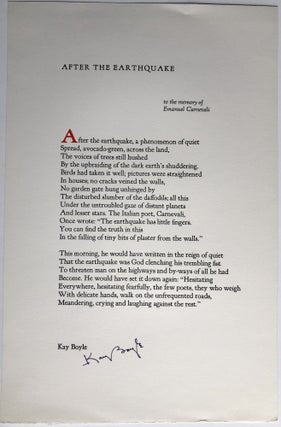 Item #H8891 After the Earthquake - signed broadside poem. Kay Boyle