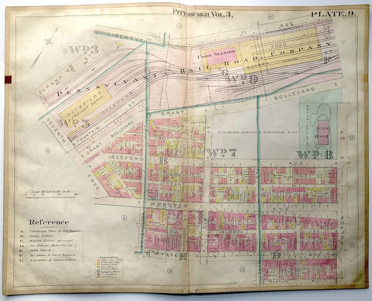 Item #H8962 1900 linen-backed 28 x 22" map: Pittsburgh Downtown, Bedford & 7th