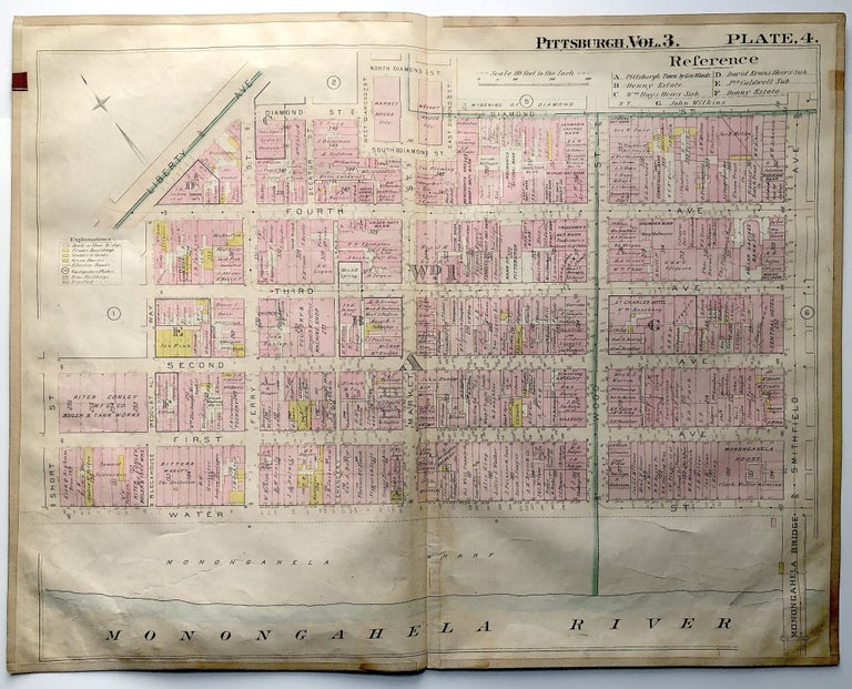 Item #H8967 1900 linen-backed 28 x 22" map: Pittsburgh Downtown, Smithfield to Blockhouse Way