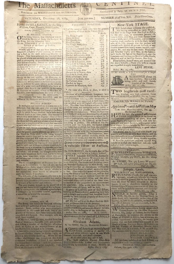 Item #H9225 The Massachusetts Centinel, December 26, 1789