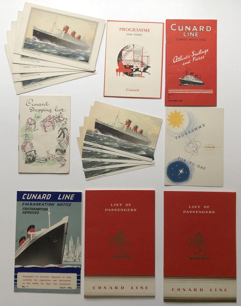 Item #H9437 1953 memorabilia From a Transatlantic Voyage Aboard Cunard White-Star's RMS Queen Mary, Including Menus, Post Cards, Programs from Concerts, Passenger Lists, and Information About First Class Accommodations. Cunard White Star Line.