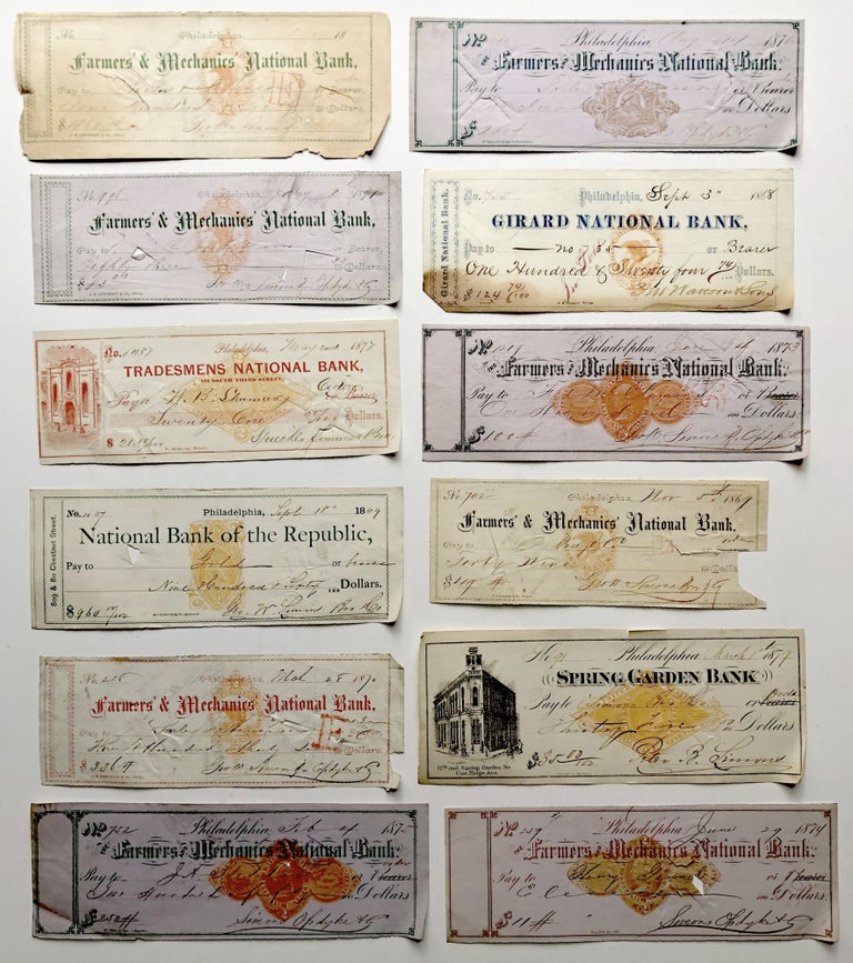 Item #H9521 13 checks issued by Simons, Opdyke Co. (Gold and Silver) Philadelphia 1868-1879. Opdyke Co Simons.