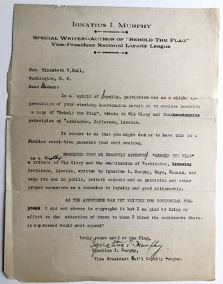 Item #H9636 Ca. 1918 typed letter concerning use of "Behold the Flag" & the National Loyalty...