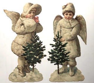 Item #H9755 1890s set of two die-cut angels with miniature pine trees - a little boy and a...
