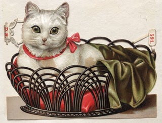 1890s die-cut of a kitten in a basket