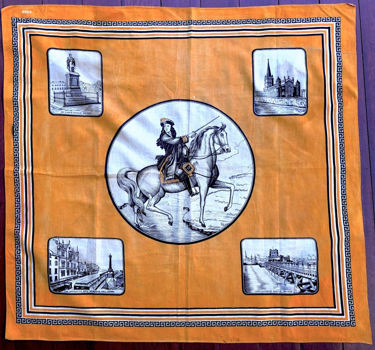 Item #ML12870 Large 19th century Irish kerchief celebrating William of Orange, depicted on horseback with four views at corners of Londonderry Cathedral, Carrickfergus Castle in Antrim, The Apprentice Boys Memorial at Derry, and Dr. Cook's Statue in Belfast. Ireland.