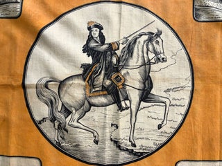 Large 19th century Irish kerchief celebrating William of Orange, depicted on horseback with four views at corners of Londonderry Cathedral, Carrickfergus Castle in Antrim, The Apprentice Boys Memorial at Derry, and Dr. Cook's Statue in Belfast