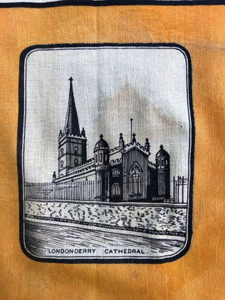 Large 19th century Irish kerchief celebrating William of Orange, depicted on horseback with four views at corners of Londonderry Cathedral, Carrickfergus Castle in Antrim, The Apprentice Boys Memorial at Derry, and Dr. Cook's Statue in Belfast