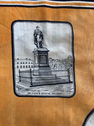 Large 19th century Irish kerchief celebrating William of Orange, depicted on horseback with four views at corners of Londonderry Cathedral, Carrickfergus Castle in Antrim, The Apprentice Boys Memorial at Derry, and Dr. Cook's Statue in Belfast