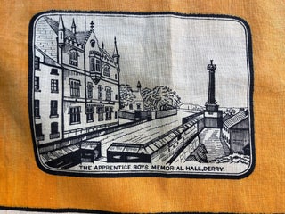 Large 19th century Irish kerchief celebrating William of Orange, depicted on horseback with four views at corners of Londonderry Cathedral, Carrickfergus Castle in Antrim, The Apprentice Boys Memorial at Derry, and Dr. Cook's Statue in Belfast