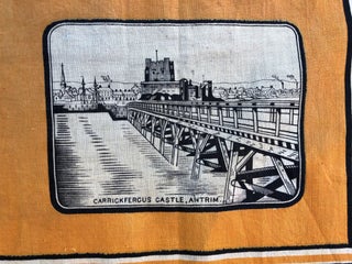 Large 19th century Irish kerchief celebrating William of Orange, depicted on horseback with four views at corners of Londonderry Cathedral, Carrickfergus Castle in Antrim, The Apprentice Boys Memorial at Derry, and Dr. Cook's Statue in Belfast