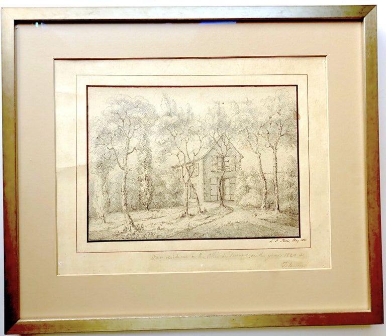Item #ML12873 1821 fine pencil drawing of Thomas Moore's cottage at the Allée des Veuves, near the Champs Elyseés in Paris, with inscription from Moore. Thomas Moore, Irish.