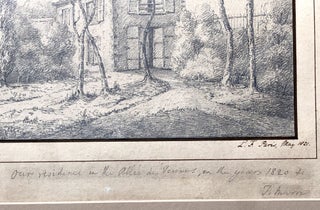 1821 fine pencil drawing of Thomas Moore's cottage at the Allée des Veuves, near the Champs Elyseés in Paris, with inscription from Moore