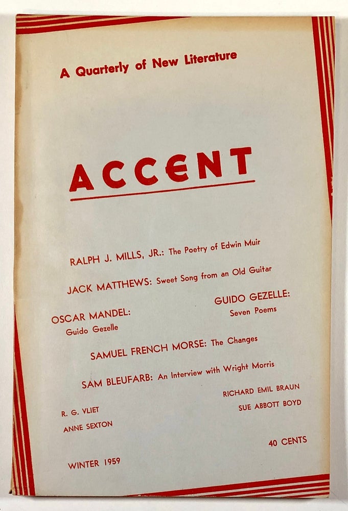 Item #C000014913 Accent, Winter 1959, vol. 19 no. 1. Anne Sexton Jack Matthews, Oscar Mandel, Samuel French Morse.