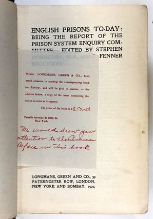 English Prisons To-Day; being the Report of the Prison System Enquiry Committee. With signed photo of Brockway laid in.