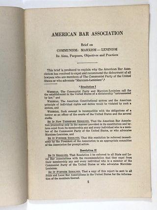 American Bar Association Brief on Communism: Marxism-Leninism--Its Aims, Purposes, Objectives and Practices with Reports and Recommendations of the Special Committee on Communist Tactics, Strategy and Objectives