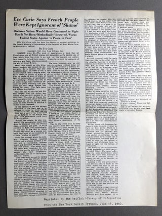 Item #H16906 1940 offprint of NY Tribune op-ed "French People Were Kept Ignorant of 'Shame'" Eve...