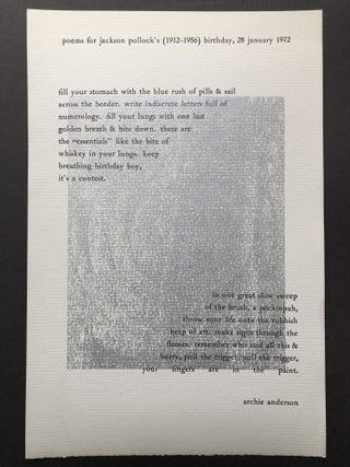 Item #H17074 poems for jackson pollock's (1912-1956) birthday, 28 january 1972 (finely printed...