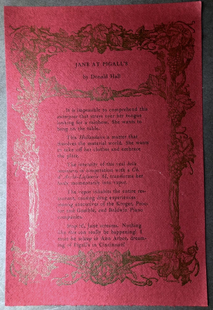 Item #H17075 Jane at Pigall's (finely printed 1973 broadside poem). Donald Hall.