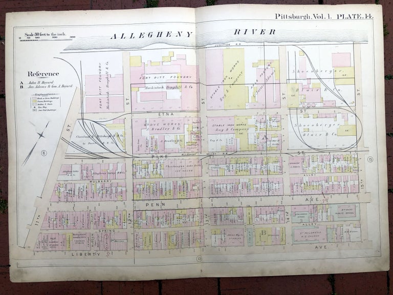 Item #H17347 1889 large double-page color map of STRIP DISTRICT, Pittsburgh. Griffith M. Hopkins.