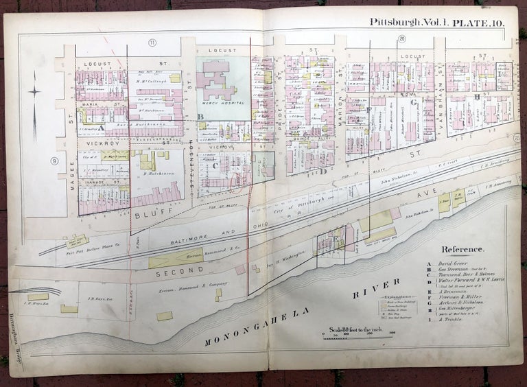 Item #H17351 1889 large double-page color map of THE BLUFF (Duquesne University area), Pittsburgh. Griffith M. Hopkins.