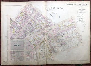 Item #H17352 1889 large double-page color map of DOWNTOWN, CIVIC ARENA AREA, Pittsburgh. Griffith...