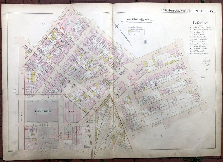 Item #H17352 1889 large double-page color map of DOWNTOWN, CIVIC ARENA AREA, Pittsburgh. Griffith M. Hopkins.