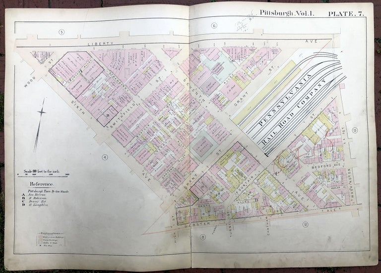 Item #H17353 1889 large double-page color map of DOWNTOWN, Pittsburgh. Griffith M. Hopkins.
