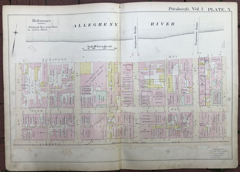 Item #H17355 1889 large double-page color map of DOWNTOWN, Pittsburgh. Griffith M. Hopkins.