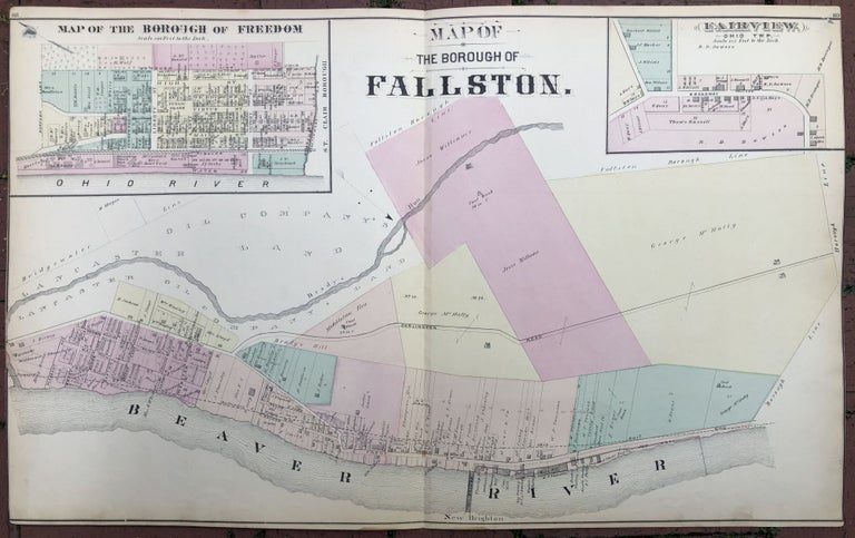 Item #H17359 Large double-page MAP OF THE BOROUGH OF FALLSTON with inset of Freedom, Beaver County, PA. J. A. Calwell, Otto Krebs lithographer.