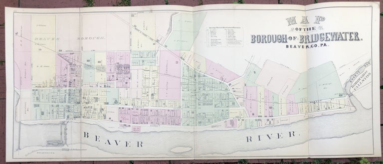 Item #H17360 VERY large triple-page MAP OF THE BOROUGH OF BRIDGEWATER, Beaver County, PA. J. A. Calwell, Otto Krebs lithographer.