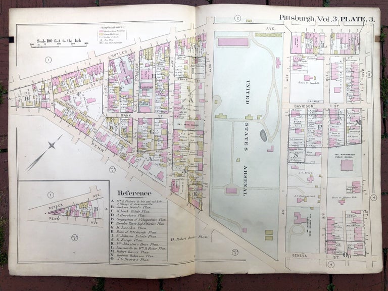 Item #H17370 1890 large double-page color linen-backed map of GARFIELD, LAWRENCEVILLE, ARSENAL, Pittsburgh. G. M. Hopkins.
