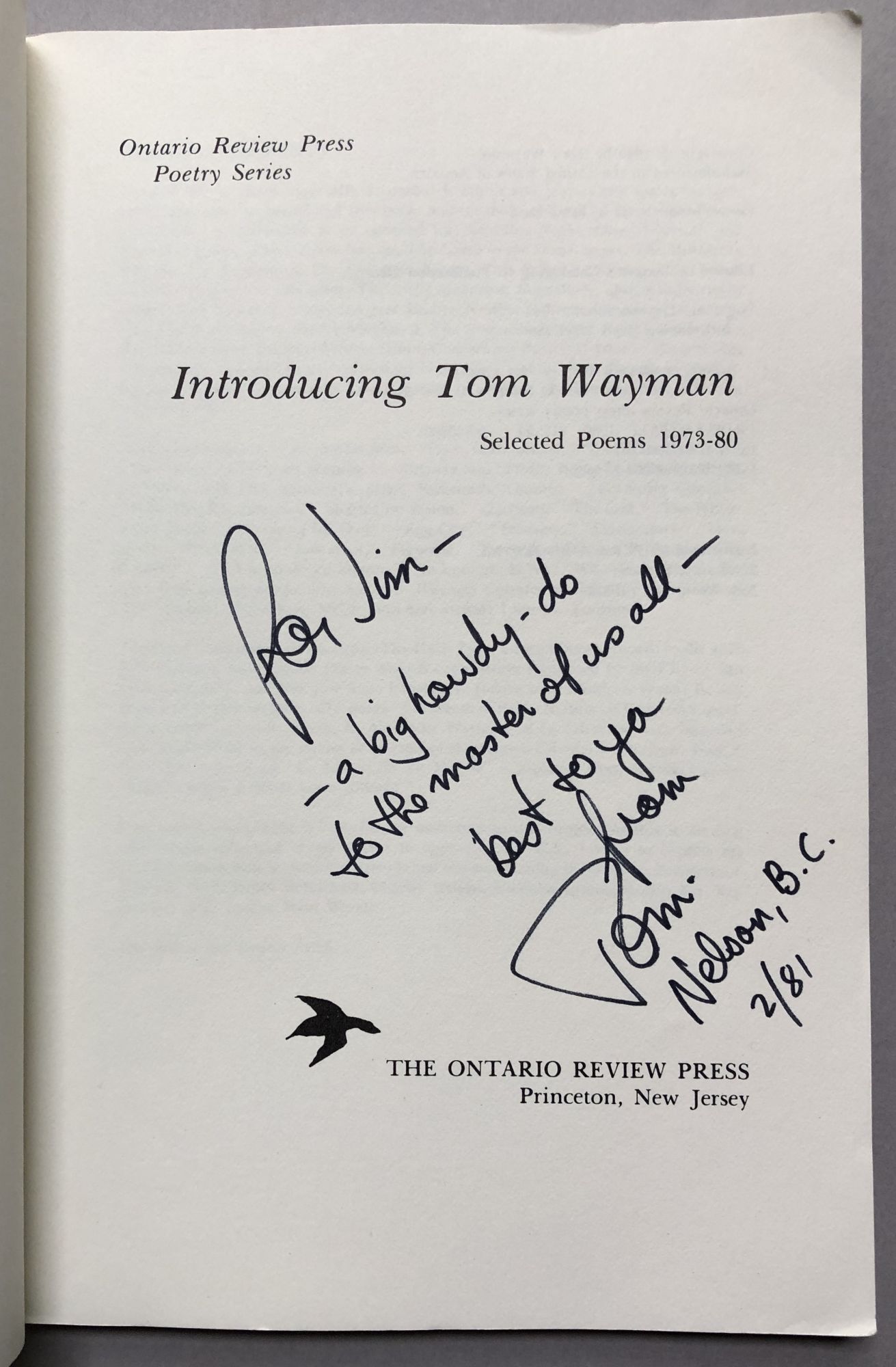 Introducing Tom Wayman, Selected Poems 1973-1980 - inscribed copy | Tom ...