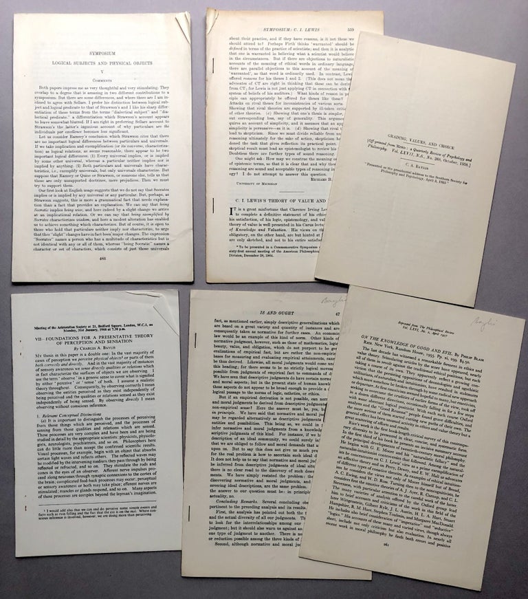 Item #H17729 6 offprints of articles and reviews from the collection of Wilfrid Sellars: Review of Blair's "On the Knowledge of Good and Evil" (1957), Grading, Values, and Choice (1958), Review of Korner's Conceptual Thinking (1955), Foundations for a Presentative Theory of Perception and Sensation (1966), C. I. Lewis's Theory of Value and Ethics (1964), Symposium on Logical Subjects and Physical Objects (ND). Charles A. Baylis.