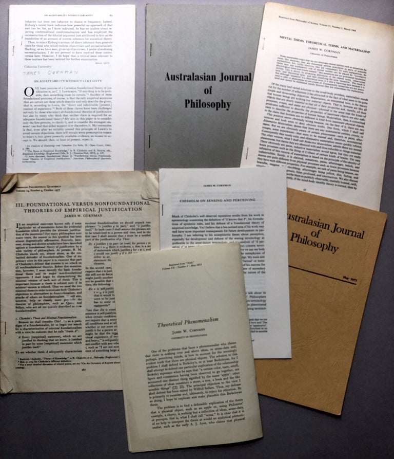 Item #H17733 Group of 7 offprints on philosophy from the collection of Wilfrid Sellars: Might a Toothache but there be no Toothache? (1977), Chisholm on Sensing and Perceiving (1975), Theoretical Phenomenalism (1973), Mental Terms, Theoretical Terms and Materialism (1968)Foundational Versus Nonfoundational Theories of Empircal Justification (1977), Private Languages and Private Entities (1968), On Acceptability without Certainty (1974). James Cornman.