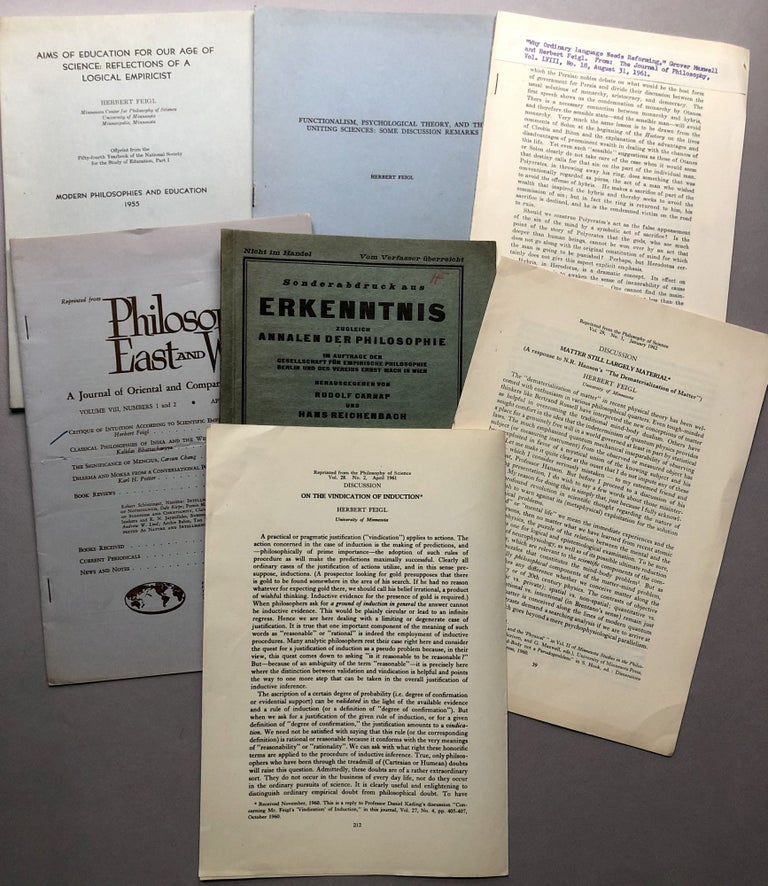 Item #H17740 Group of 7 offprints of philosophy articles from the collection of Wilfrid Sellars: Matter Still Largely Material (1962), On the Vindication of Induction (1961), Wahrscheinlichkeit und Erfahrung (1930), Critique of Intuition According to Scientific, Empiricism (1958), Why Ordinary Language Needs Reforming (1961), Functionalism, Psychological Theory, and the Uniting Sciences: Some Discussion Remarks (1955), Aims of Education for our Age of Science: Reflections of a Logical Empiricist. Herbert Feigl.