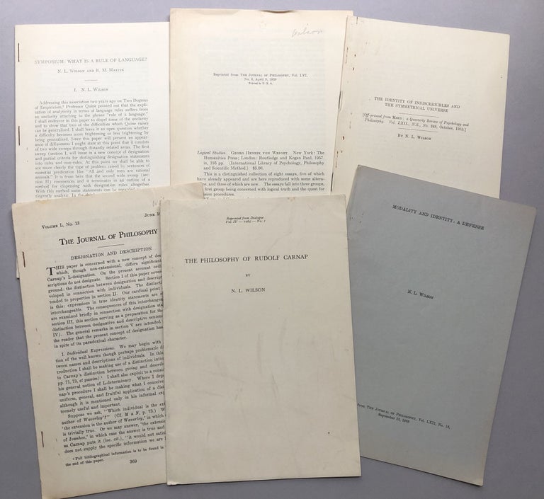 Item #H17746 6 offprints on linguistics, philosophy, semantics, etc., from the collection of Wilfrid Sellars: Symposium: What is the Rule of Language? (1950s); Review of von Wright's Logical Studies (1959), The Identity of Indiscernibles and the Symmetrical Universe (1953), Designation and Description (1953), The Philosophy of Rudolf Carnap (1965), Modality and Identity: A Defense (1965). N. L. Wilson.