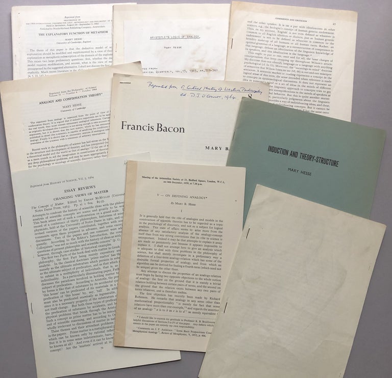 Item #H17751 9 offprints of articles and reviews on philosophy of science, etc., from the collection of Wilfrid Sellars: On Defining Analogy (1959), review of McMullin's The Concept of Matter (1964), Induction and Theory Structure (1964), Francis Bacon (1964), Analogy and Confirmation Theory (1964), Fine's Criteria of Meaning Change (nd), Consilience of Inductions (1968), Aristotle's Logic of Analogy (1965), The Explanatory Function of Metaphor. Mary Hesse.