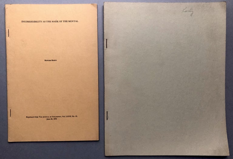 Item #H17758 2 offprints of articles, from the collection of Wilfrid Sellars: Incorrigibility as the Mark of the Mental (1970), Wittgenstein, Privileged Access and Incommunicability (1970). Richard Rorty.